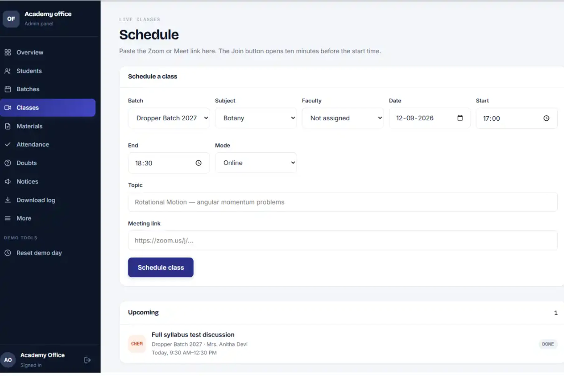 Coaching institute student portal admin panel