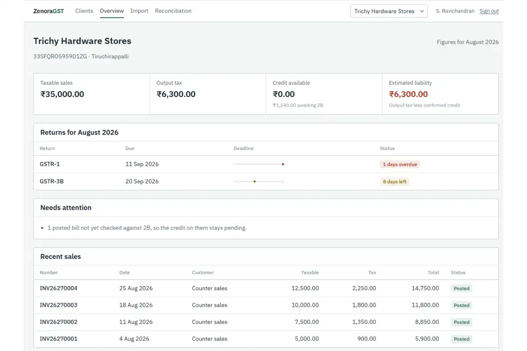 GST portal showing filing status and reconciliation